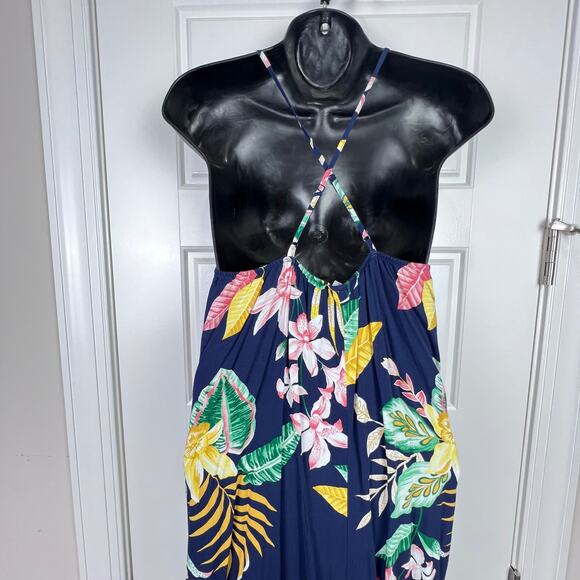 EUC Old Navy Viscose Navy Blue Botanical TROPICAL V-Neck Maxi Shift Dress Large - Picture 7 of 12